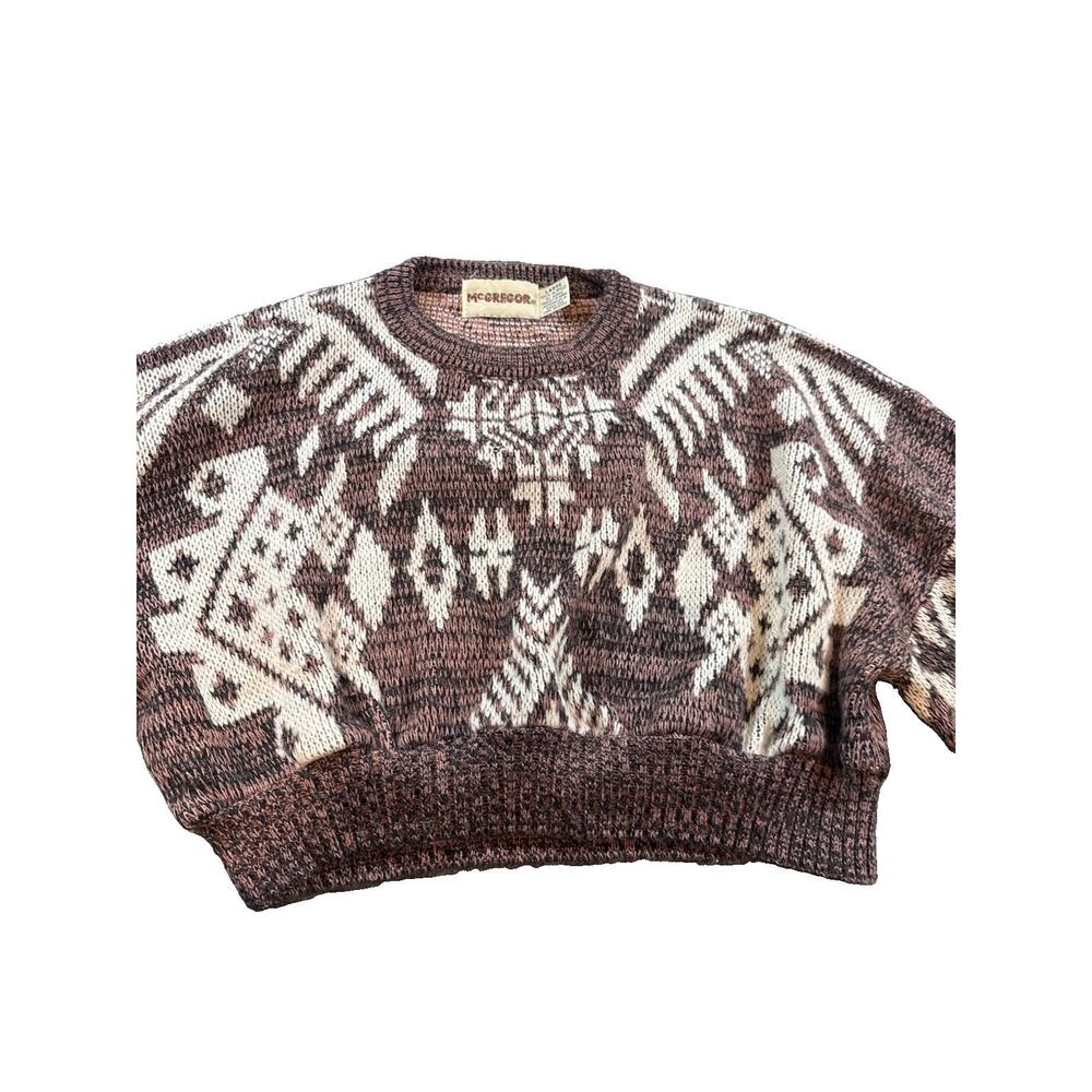 Vintage McGregor Korea Acrylic Cropped Knit Sweater Brown Cream Southwestern L - Picture 2 of 7